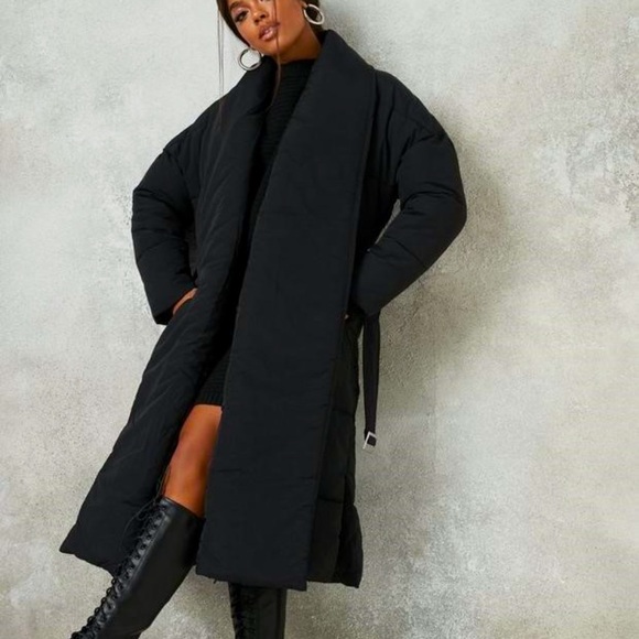 Black long shawl puffer  jacket - Picture 2 of 7